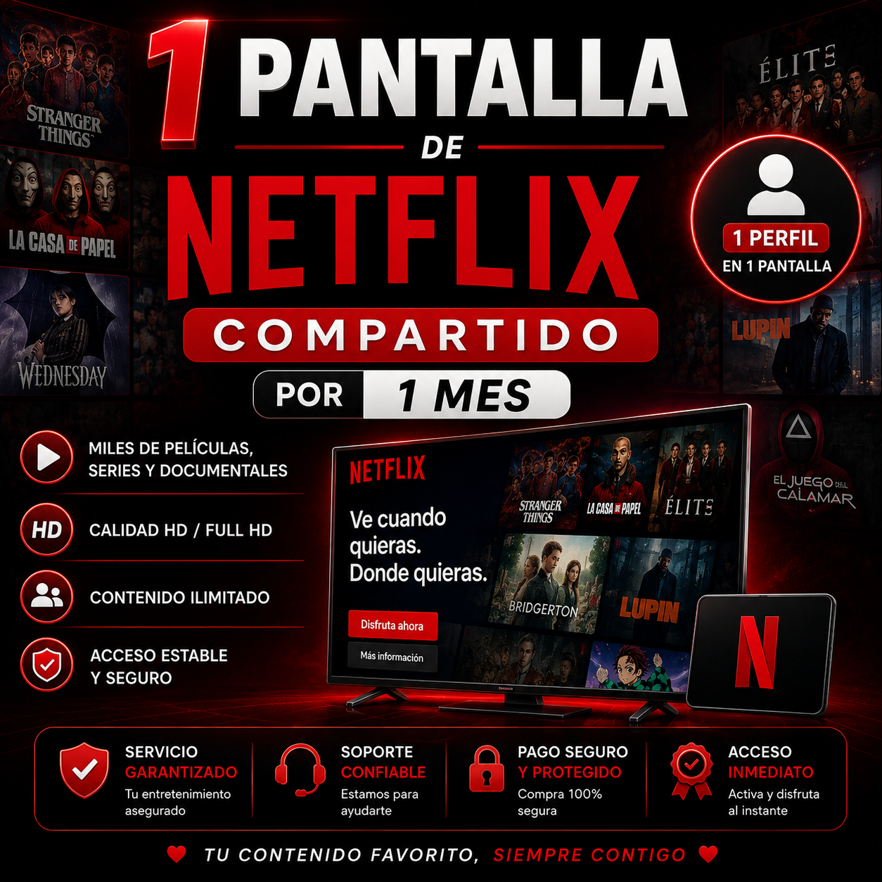 NETFLIX ORIGINAL COMPARTIDO (1 PANTALLA, 1 MES)